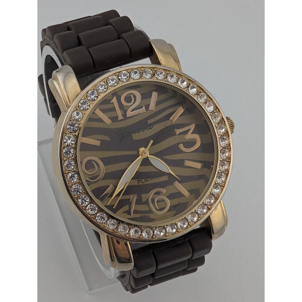 Geneva‎ Platinum Watch Women 43mm Gold Case Zebra Dial Slicone Band- New Battery